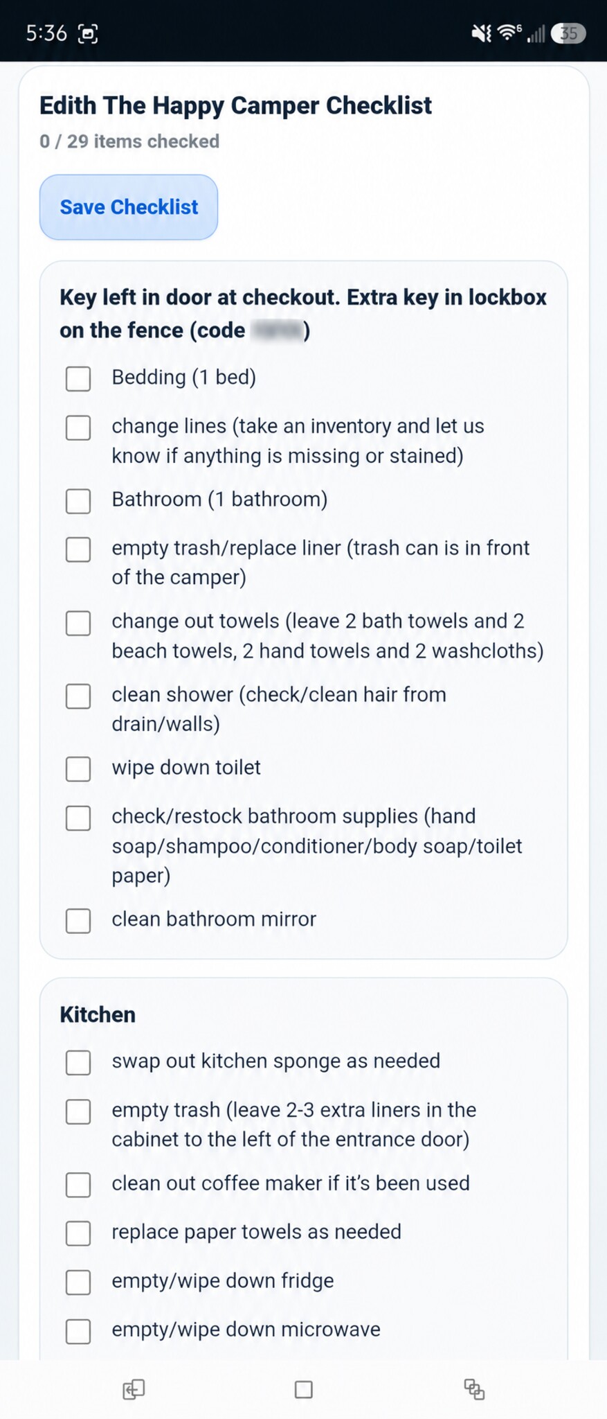 Vacation rental property cleaning checklist in Collimet with the lockbox code obscured