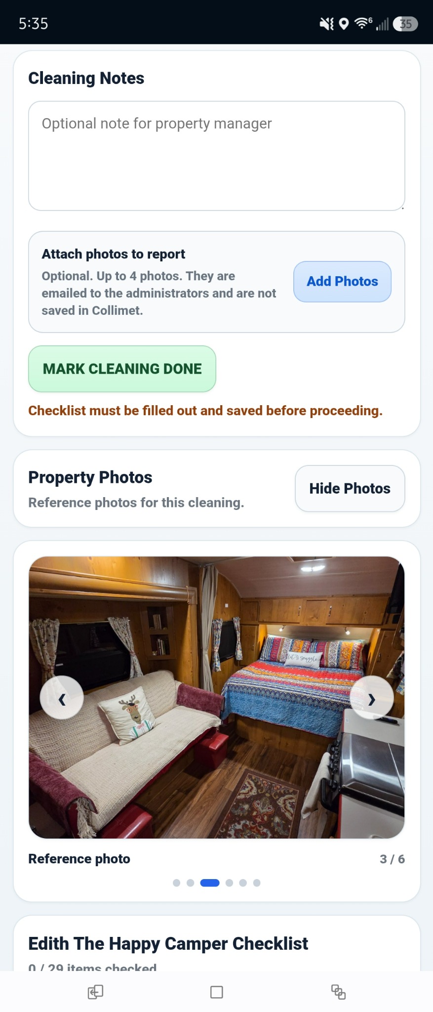 Collimet vacation rental cleaner workspace showing cleaning notes, photo reporting, property reference photos, and completion controls