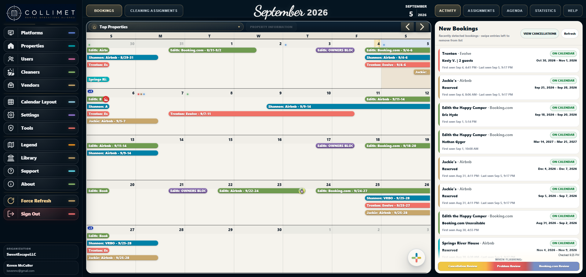 Collimet vacation rental desktop calendar showing multiple properties and new bookings