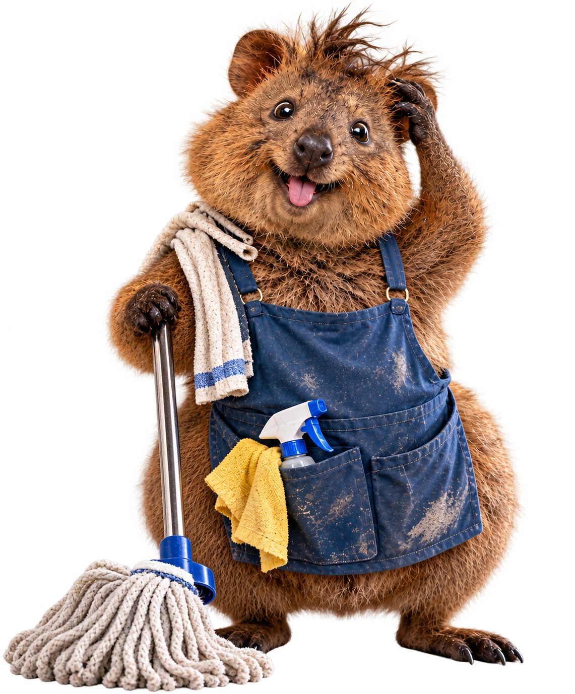 A smiling quokka dressed as a cleaner holding cleaning supplies