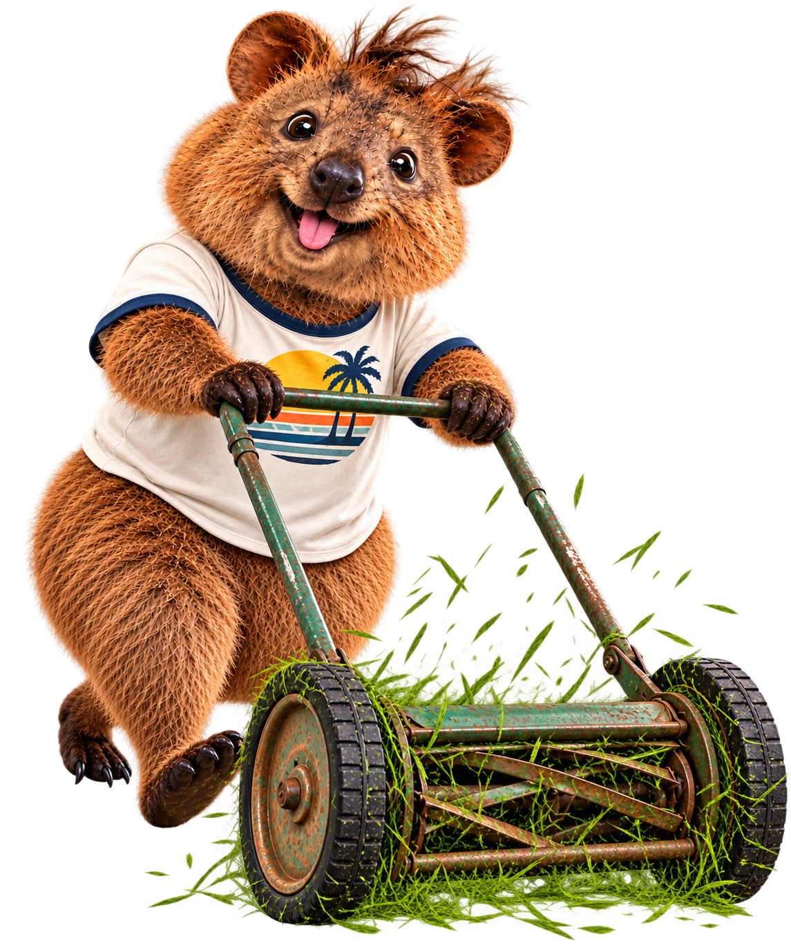 A quokka pushing a reel lawn mower