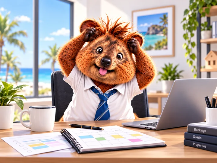 A frazzled quokka property manager sitting at a desk surrounded by calendars and paperwork